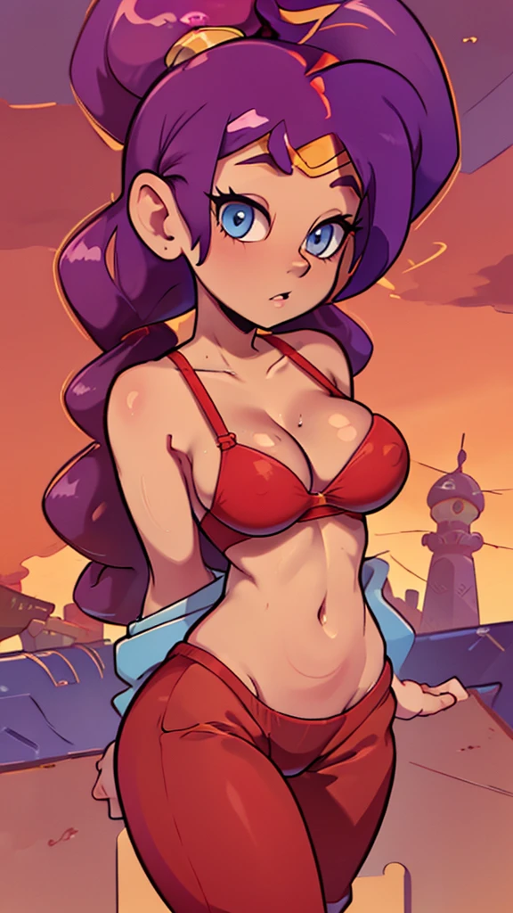 a sexy woman big breast long purple hair wavy braids wears red belly bra and long red pants Arabia happy