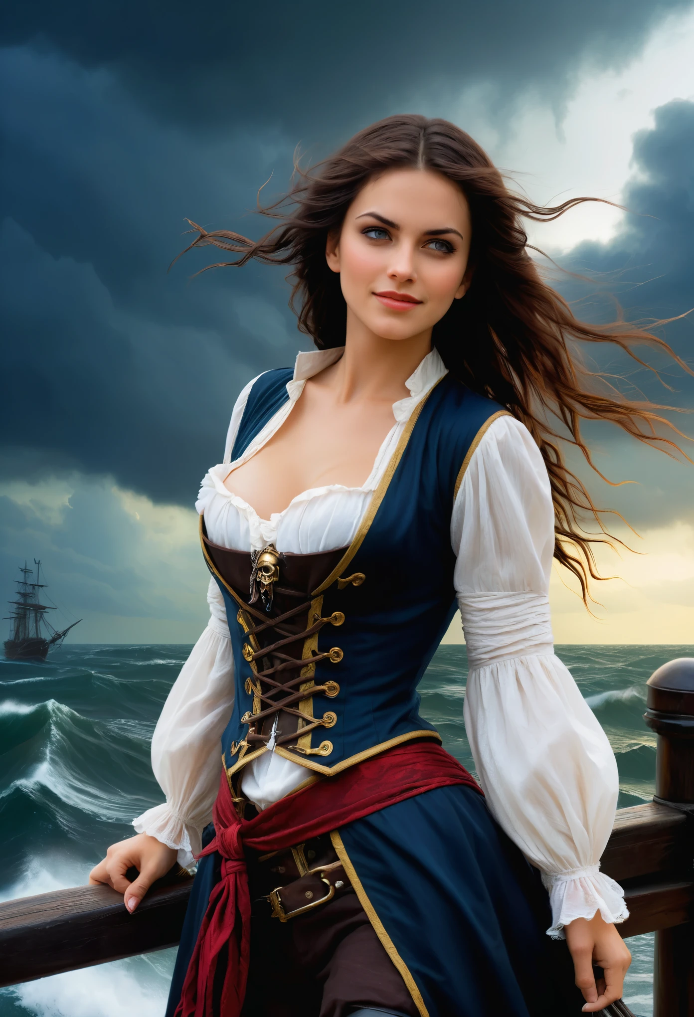 A young pirate captain stands defiantly at the edge of a weathered dock, her long, combed hair whipping wildly in the stormy wind. The empty dock stretches out before her, dark and foreboding. Her smile plays on her lips, a sly, closed-mouth smirk that hints at mischief. The curve of her medium-sized breasts is subtly accentuated by the fabric of her pirate attire. As she gazes out into the tempestuous night, her eyes seem to hold a secret, her spirit unbroken despite the turmoil surrounding her.