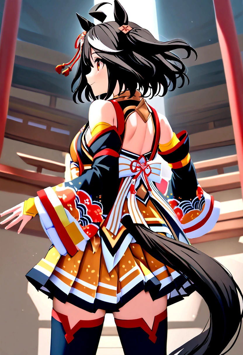 Kitasan Black \(umamusume\), kitasanblack, ahoge, hair ornament, animal ears, a horse tail, cleavage cutout, shimenawa, kouhaku nawa, detached sleeves, yellow skirt, pleated skirt, black thighhighs, bare shoulders, back view, cowboy shot,