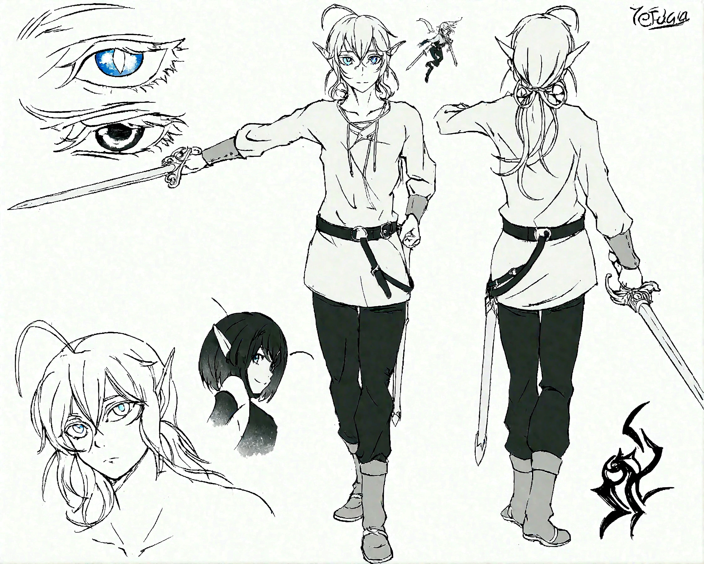 sketches of a femboy boy with a sword and a sword in his hand, anime Character Reference Sheet, para isso + arte conceitual, arte conceitual character sheet, ( ( character arte conceitual ) ), anime Design de personagem, Folha de caracteres do conceito, character concept reference art, [ Design de personagem ], Design de personagem sheet, Character Reference Sheet, clear eyes arte conceitual, arte detalhada do personagem, arte oficial do personagem, multiple angles