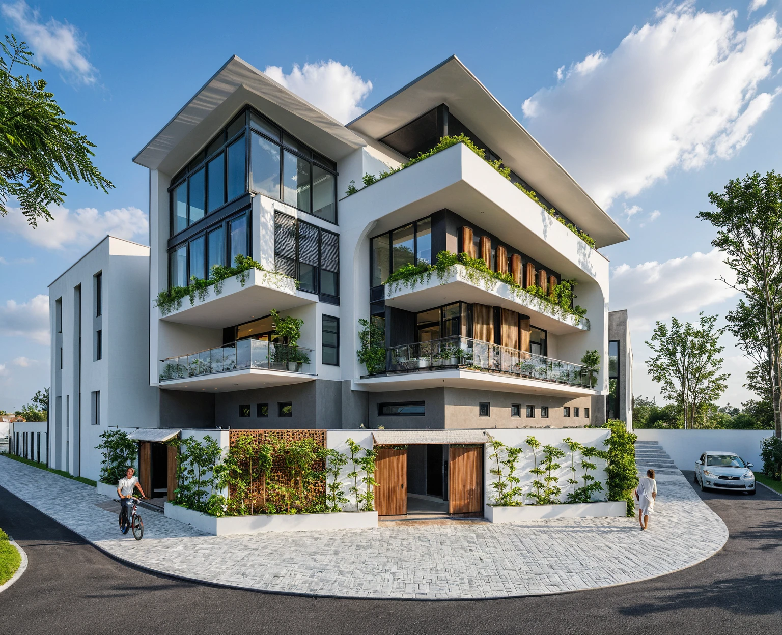 Masterpiece, high quality, best quality, authentic, super detail, outdoors, onestoreyvillaXL, aiaigroup, house style modern on the street ,stairs, white wall ,road,pavement, grass, trees, sky, cloud, (daylight:1.1)