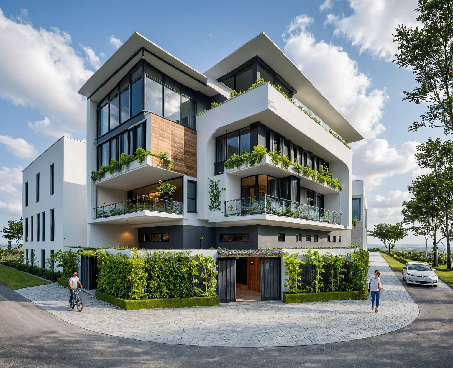 Masterpiece, high quality, best quality, authentic, super detail, outdoors, onestoreyvillaXL, aiaigroup, house style modern on the street ,stairs, white wall ,road,pavement, grass, trees, sky, cloud, (daylight:1.1)