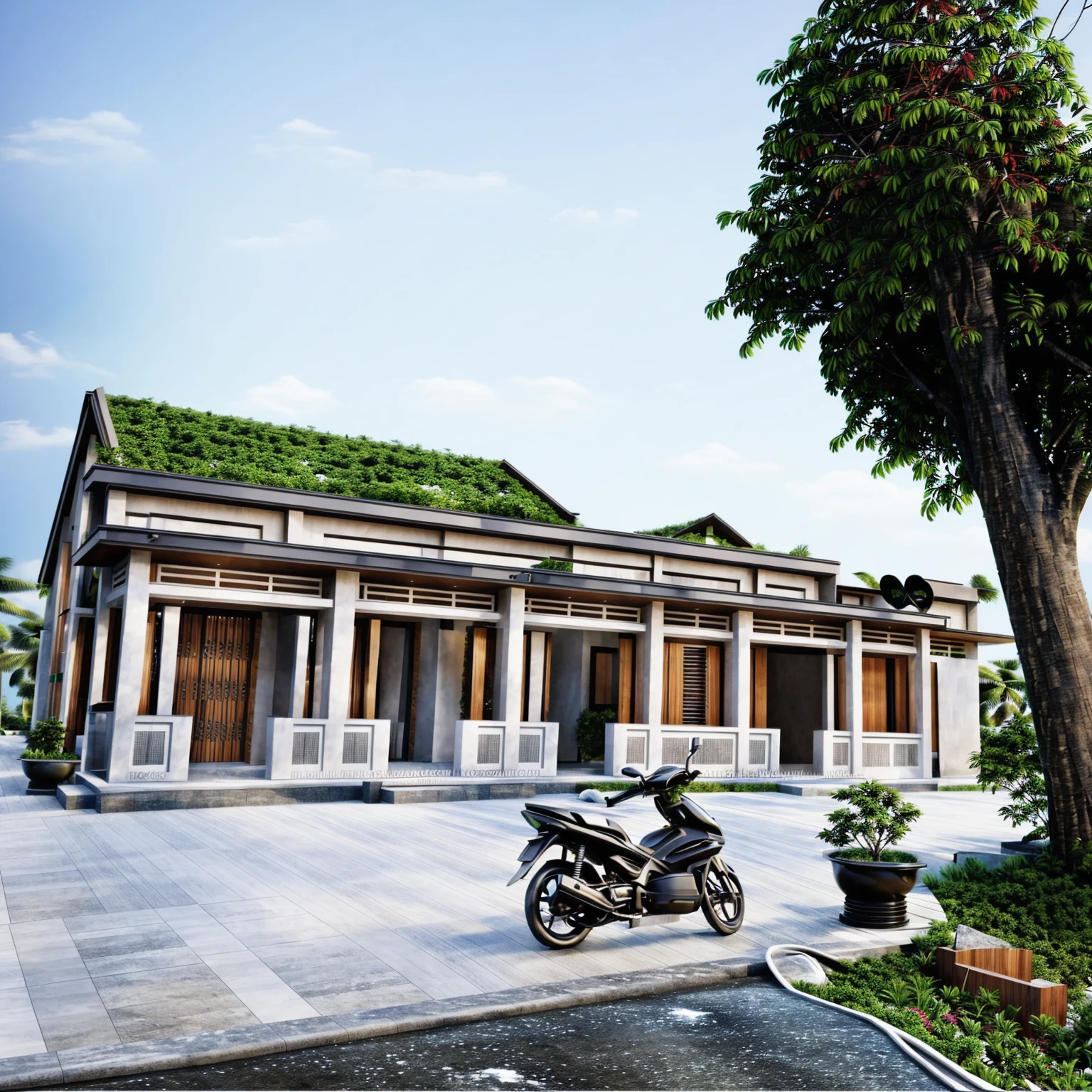 Modern villa architecture, nhiều cửa kính, concrete, wooden wall, stone cladding, white paint, Palm, green trees, warm sky 1.2, Modern façade, architecture, Pretty, masterpiece, best quality, super detailed, true, warm interior lighting 1.2, The courtyard is covered with ceramic tiles