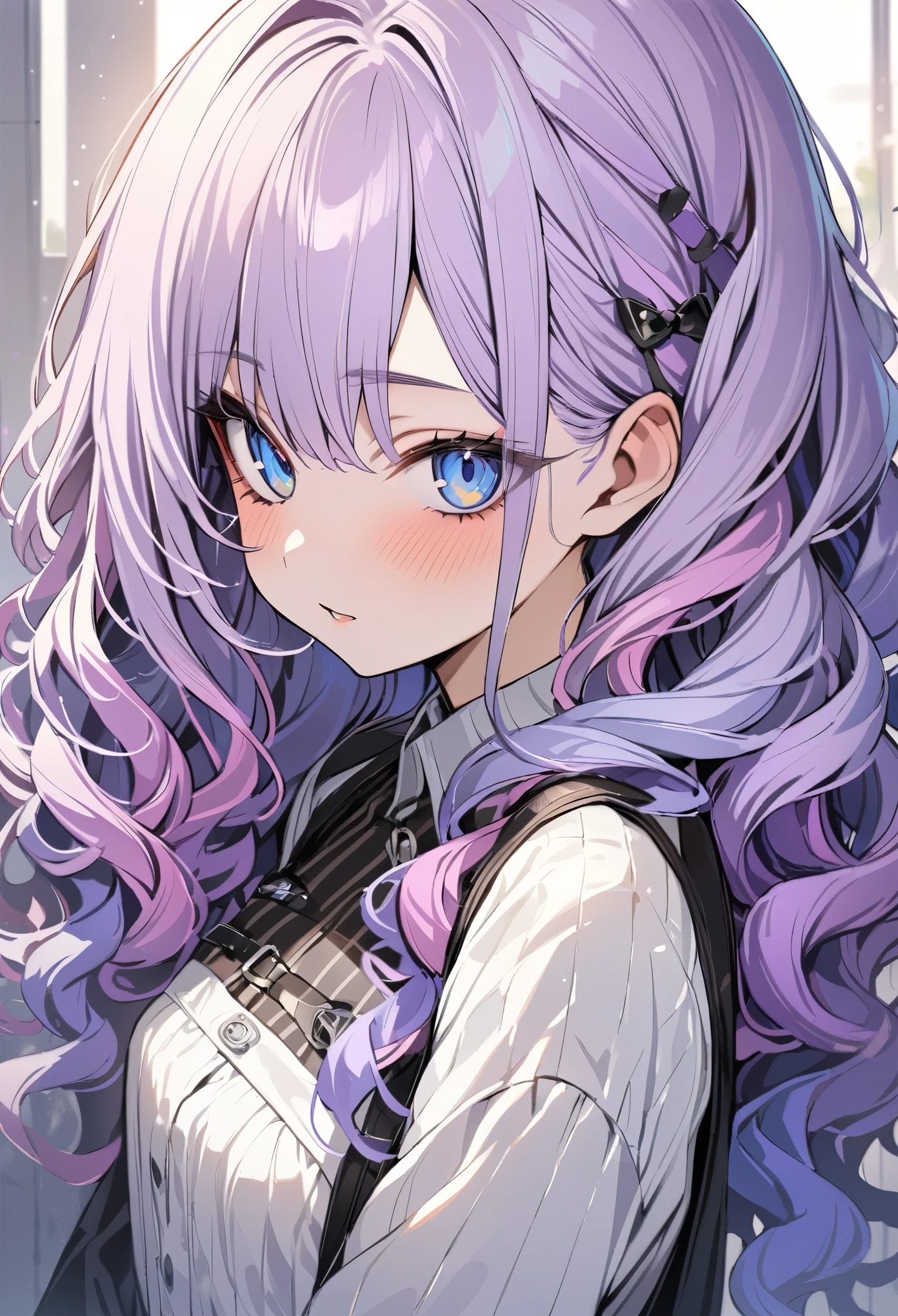 ((masterpiece、8k、highest quality)), Detailed face, fine grain,(Support Hair)、Light purple hair、(Multi-colored hair)、((Support Hair))、Bright Blue Eyes、One Girl、(Wavy Hair)、harajuku fashion