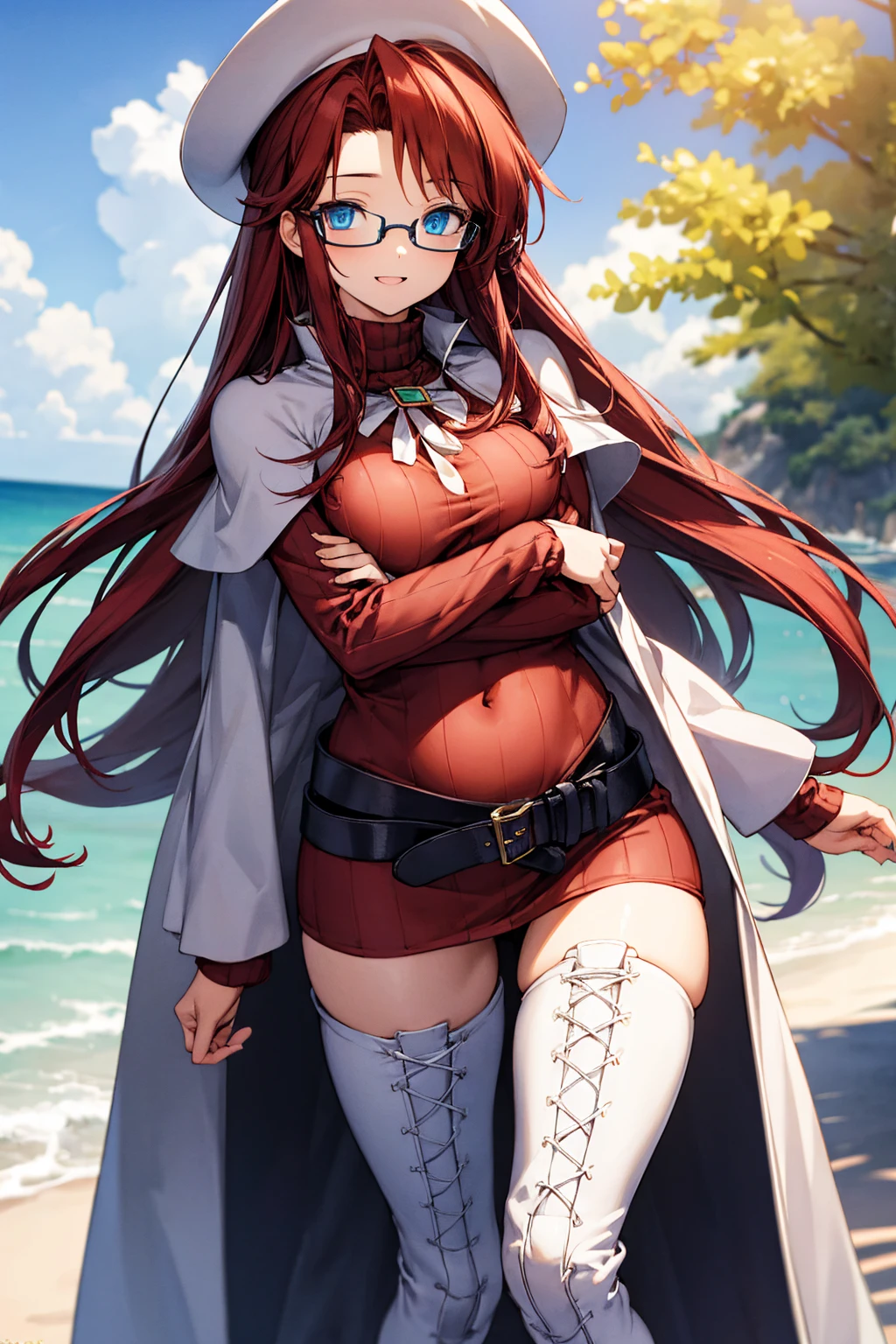summonnightaty, aty, (young:1.3),long hair, blue eyes, red hair, big_tits, hat, glasses,
BREAK long hair, thighhighs, hat, dress, naked_legs, glasses, belt, cape, sweater, zettai ryouiki, beret, thigh boots, white footwear, ribbed sweater, loose belt,solo,
BREAK outdoors, fantasy,on_beach,
,Highquality_hads,perfect_fingers,
BREAK (masterpiece:1.2), best quality, high resolution, unity 8k wallpaper, (illustration:0.8), (beautiful detailed eyes:1.6), extremely detailed face, perfect lighting, extremely detailed CG, (perfect hands, perfect anatomy),covered_nipples,covered_navel ,half_eyes,long_sword,sleepy,red_sweater,apart_knees,magical_effect,spread_legs, have_a_book,teacher,rise_knee,Smile,rise_hand,look_down_viewer,spread_arms,sea_waves,looking_into,blue_sky,plump,open_mouth, dynamic_posing,solo,