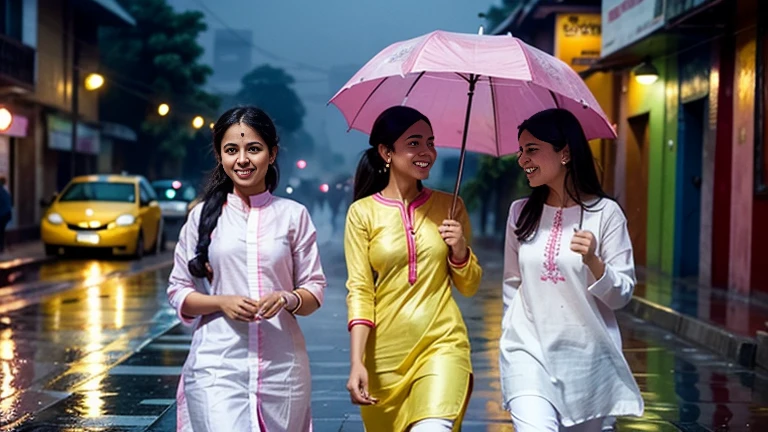 realistic image of 3 girls, background rainy and rainbow street, first one  wore white and pink mixing kurta his name "neethu" written by kurtha , second one wore purble and white mixing shirt, the name "Rasna" is written on her shirt, third one wore white and yellow mixing kurta her name is "sumayya "written by her kurtha, they are walking on the rainy street and talking, laughing