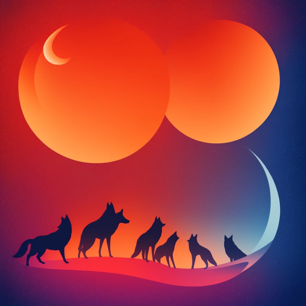 Round logo of three wolves, one of them howls on the moon which is orange colour, vector colours