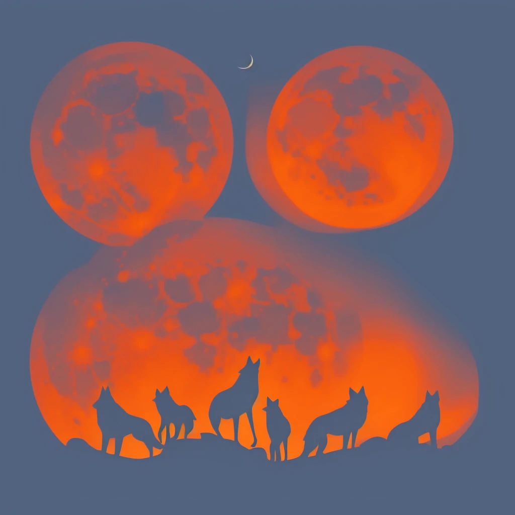Round logo of three wolves, one of them howls on the moon which is orange colour, vector colours
