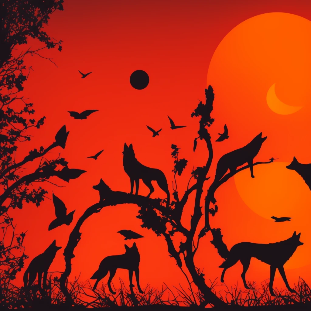 Round logo of three wolves, one of them howls on the moon which is orange colour, vector colours