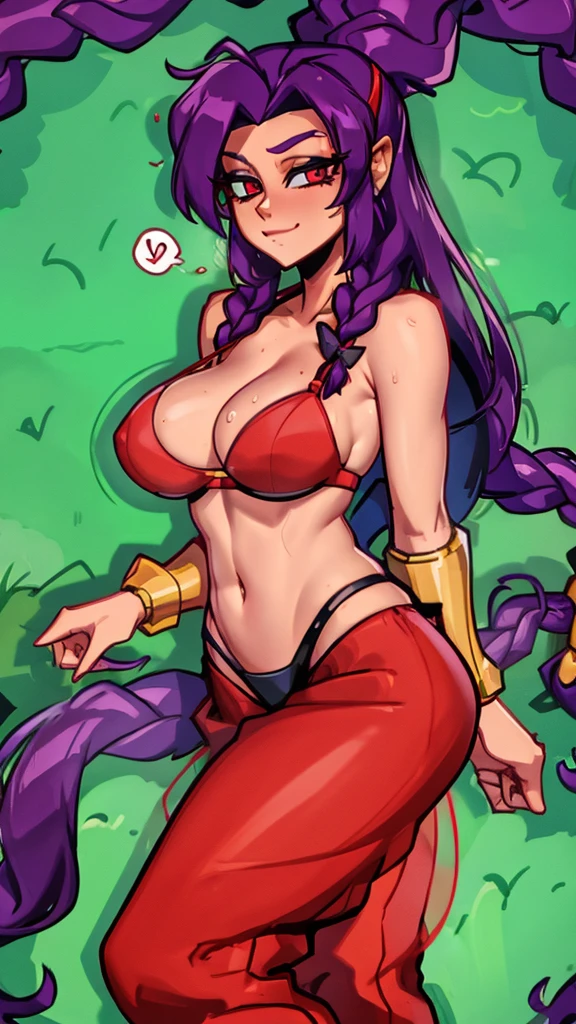 a sexy woman big breast long purple hair wavy braids wears red belly bra and long red pants Arabia happy