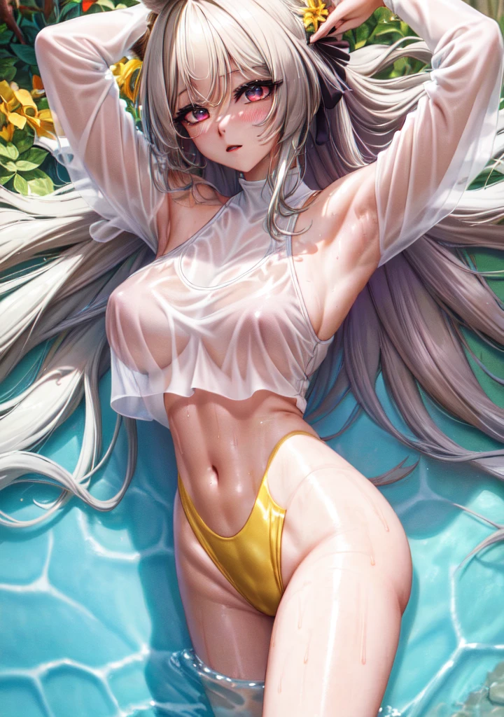 (masterpiece, highres, best quality, ultra detailed, detailed background, cinematic lighting:1.2), (beautiful detailed face, detailled eyes), pool, sunset, 1girl, long hair, white silver hair, straight hair, bangs, swept bangs, medium breasts, perky breasts, toned, red eyes, casual one-piece swimsuit, competition swimsuit, wet, wet hair, wet swimsuit, water drop, shiny skin, shiny lips, sexually suggestive, perfect body,fox ears,(( blush on)),lying on ,open air
