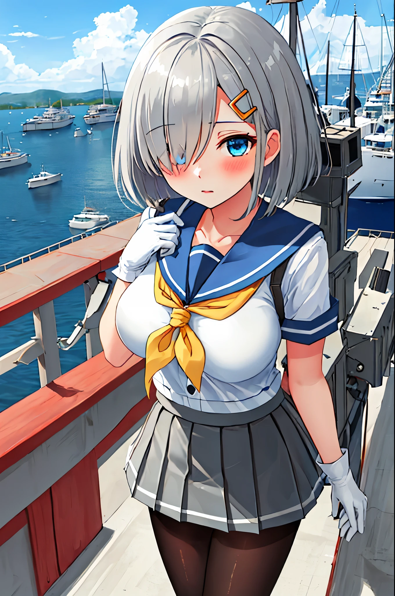 best quality, masterpiece, highres, solo, {hamakaze_kantaicollection:0.90}, 1girl, li,younger_telack_pantyhose, pleated_skirt, serafuku, short_sleeves, simple_background, white_background, yellow_neckerchief, white_gloves, looking_at_viewer, grey_skirt, blush, eyes_visible_through_hair, blue_sailor_collar, dynamic_posing,long_bangs,hair_over_one_eye,harbor_school_background,outdoor,large_breasts,