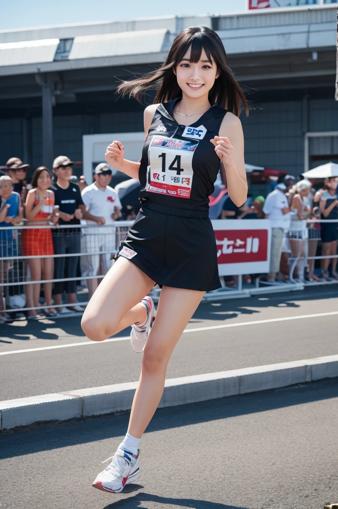 highest quality, masterpiece, Ultra-high resolution, (Realistic:1.4),Cloudy weather, (Close-up portrait) ,((Finish the race by holding the finish tape with both hands))),RAW Photos, 1 girl,20-year-old,((Yokohama Triathlon)),((Moment of the goal)),((A serious face)),((Triathlon Championships)),Bun Hair,((exhausted look)),((Straight long hair)),Realistic,)),((Smiling with teeth showing)),((Big smile))