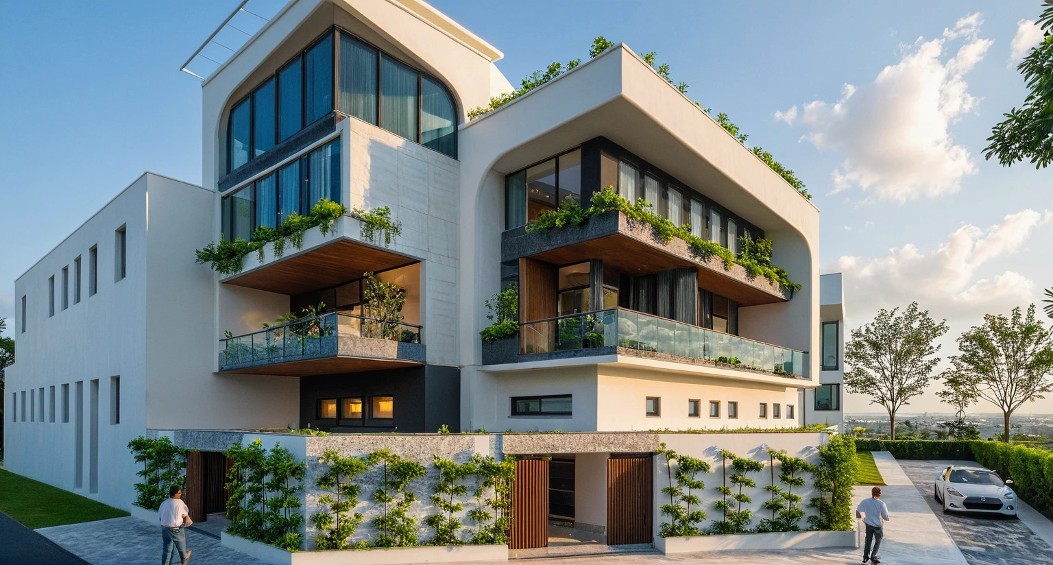 Masterpiece, high quality, best quality, authentic, super detail, outdoors, onestoreyofficeXL, aiaigroup, villa style modern on the garden ,stairs, white wall , road,pavement, grass, trees, sky, cloud, (daylight:1.1), random style color exterior