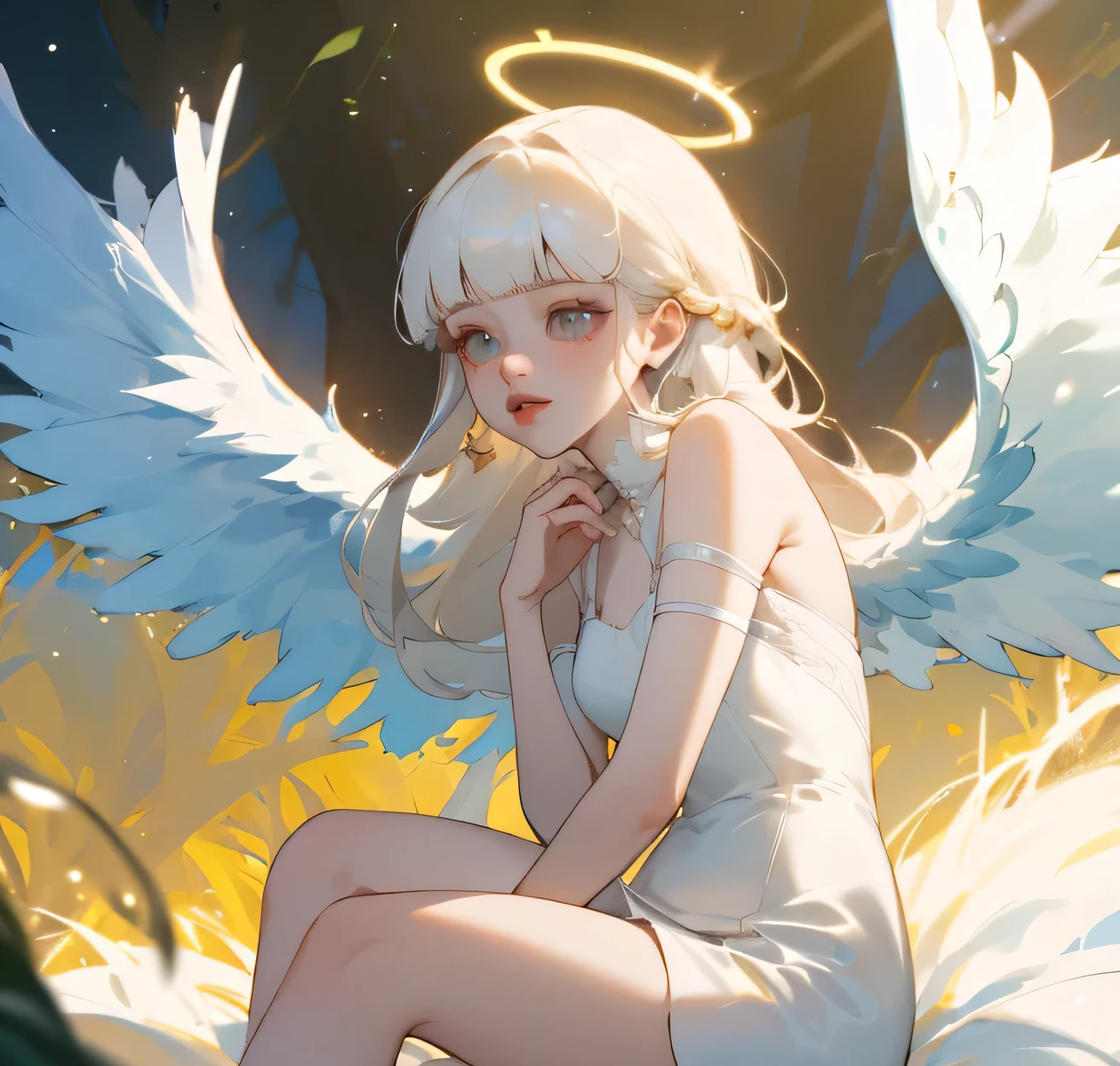 (high quality) (best quality) (a woman) (correct physiognomy) Woman, white hair with bangs on her forehead, four small angel wings coming out of her head, two on the left side and two on the right side, two angel wings coming out of her back, a golden halo behind her head, golden eyes, tender lips, middle age, white dress with straps on the shoulders, skirt cut diagonally leaving one leg exposed, location of the photo the woman must be in middle of the forest, photo lighting sunlight, full body proportion, showing in the photo the body from head to torso