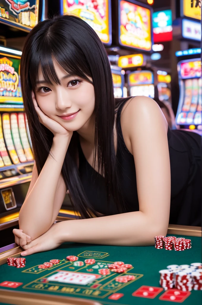 最high quality,Very detailed,finely,High resolution,8k wallpaper,Perfect dynamic composition,Young Japanese Woman,Age 25, Black Hair, thin, 4K, 8k, high quality, beauty, smile, Beautiful Eyes, Characterized by simplicity, High resolution,1 person,Japanese Idols,pachinko,gambling,poker