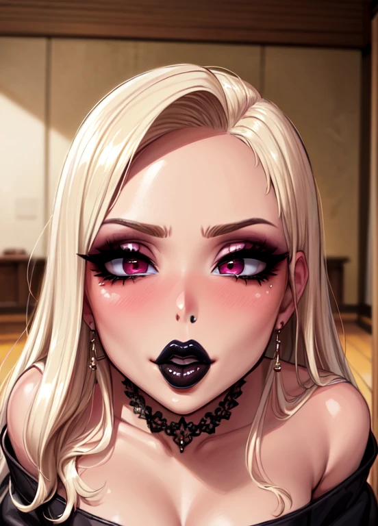 ((best quality)), ((highly detailed)), masterpiece, extremely detailed face, beautiful face, , (1girl), upper body, , (indoors, in a court room), fellatrix style, lips, black lipstick, makeup, mascara, eyeshadow