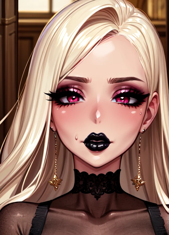 ((best quality)), ((highly detailed)), masterpiece, extremely detailed face, beautiful face, , (1girl), upper body, , (indoors, in a court room), fellatrix style, lips, black lipstick, makeup, mascara, eyeshadow