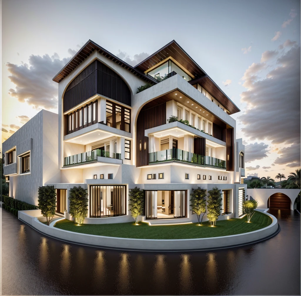 Located at the corner of a bustling intersection, this stunning urban villa masterfully blends the timeless elegance of Mediterranean style with contemporary design elements, street, no pool, The villa's facade, adorned with expansive glass walls, allows natural light to flood the interior, creating a harmonious connection between the indoor and outdoor spaces. The intricate wrought iron railings and traditional woodwork are complemented by sleek modern finishes, resulting in a striking visual contrast. Lush greenery surrounds the villa, softening its architectural lines and adding to its charm. This fusion of old-world charm and modern sophistication makes the villa a captivating landmark in the cityscape, 3dsmax render, realistic photo