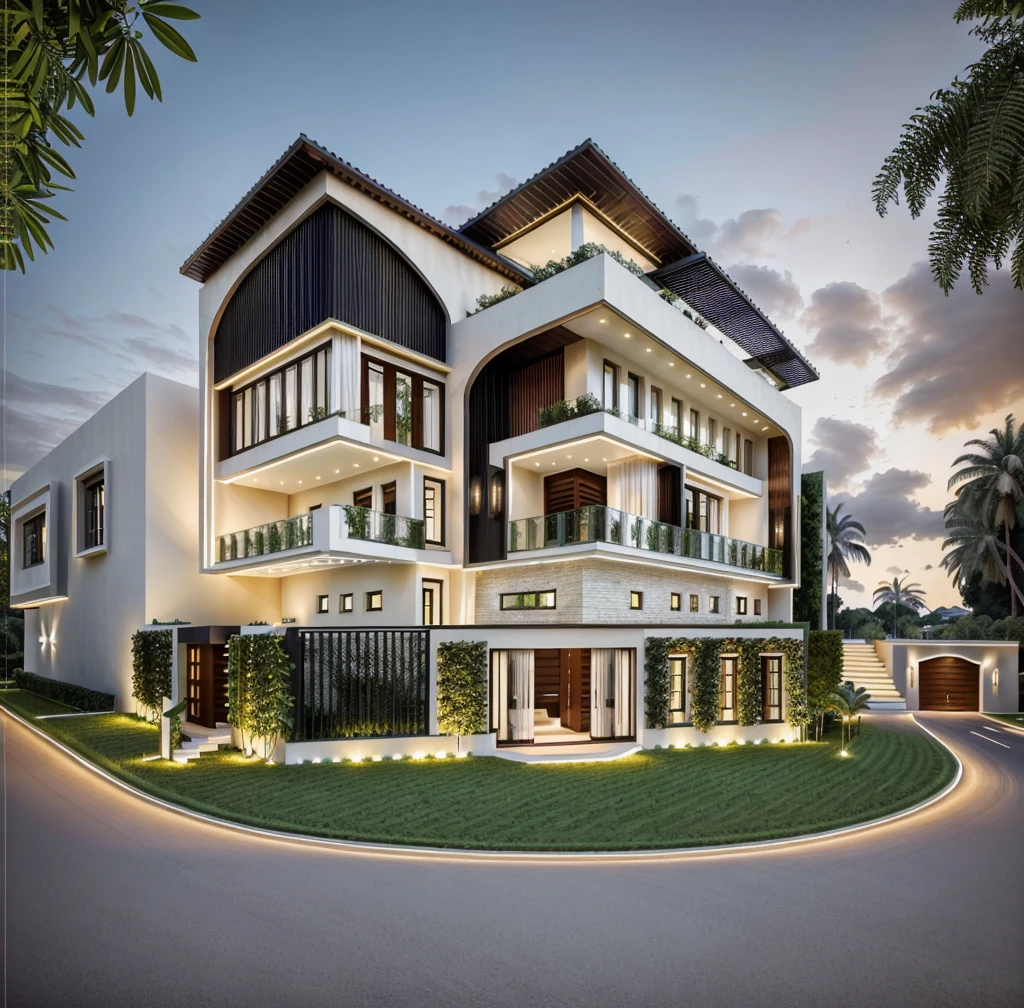 Located at the corner of a bustling intersection, this stunning urban villa masterfully blends the timeless elegance of Mediterranean style with contemporary design elements, street, no pool, The villa's facade, adorned with expansive glass walls, allows natural light to flood the interior, creating a harmonious connection between the indoor and outdoor spaces. The intricate wrought iron railings and traditional woodwork are complemented by sleek modern finishes, resulting in a striking visual contrast. Lush greenery surrounds the villa, softening its architectural lines and adding to its charm. This fusion of old-world charm and modern sophistication makes the villa a captivating landmark in the cityscape, 3dsmax render, realistic photo