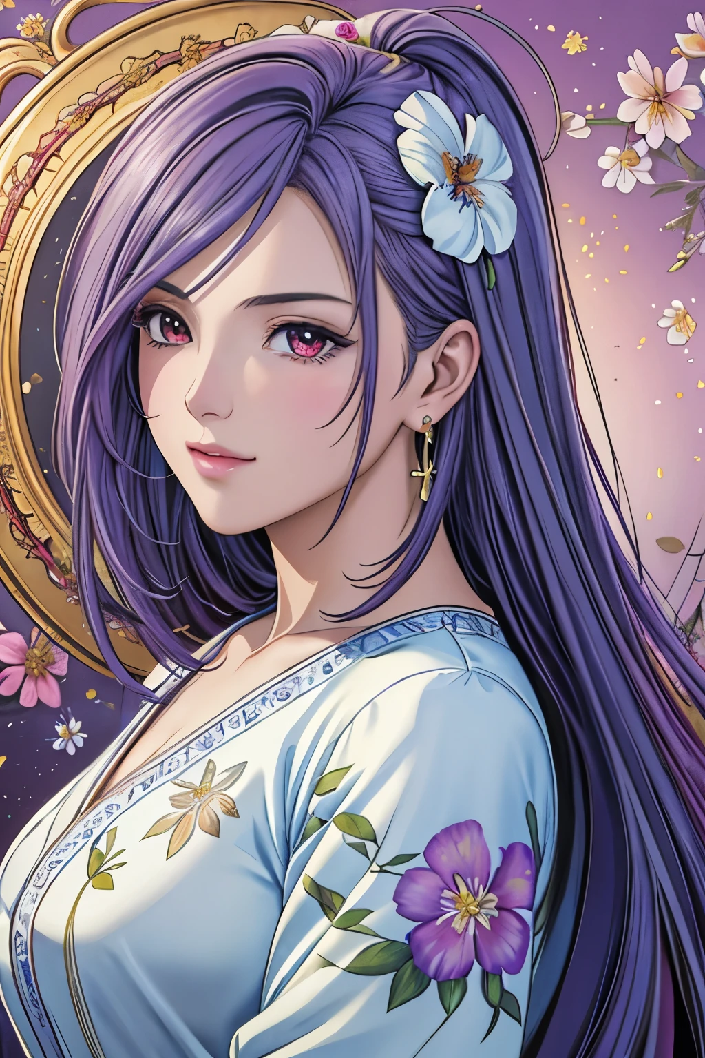 (​masterpiece, top-quality, top-quality, Official art, Beautifully Aesthetic:1.2), red eyes, (highest quality, masterpiece painting:1.3), immature woman, 16 years old, (half body shot), masterpiece, ultra high resolution, (((Flower frame, A lot of flowers in the frame, round frame, A beautiful girl fits into the frame))), Decorative panel, abstract art, (shot from a side angle), (Photoreal:1.0), ((light purple hair)),straight hair, beautiful shining hair, white and shining skin, Painterly, sketch, Texture, 超A high resolution, solo, Beautuful Women, A highly detailed, (Fractal Art:1.1), (colourfull:1.1), (florals:1.6), The most detailed, (Zentangle:1.2), (Dynamic Poses), (Abstract background:1.3), (shinny skin), (Many colors:0.8), (earrings:1.4), (pluma:0.9), Taisho romance