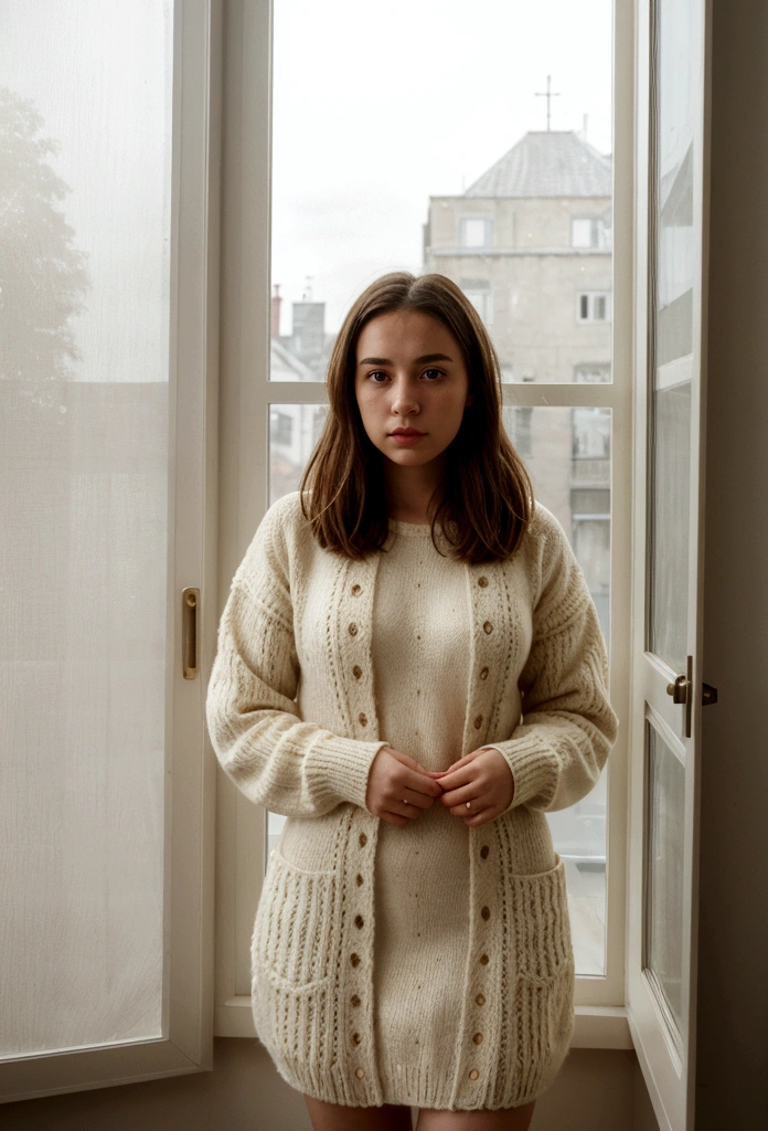 A beautiful girl standing in front of the window, Pastel style, Atmospheric lighting, Strong facial expressions, Goose Punk, Vray tracking, Portrait of Kodak, White and beige, Knitting and Crochet -ar 45:
