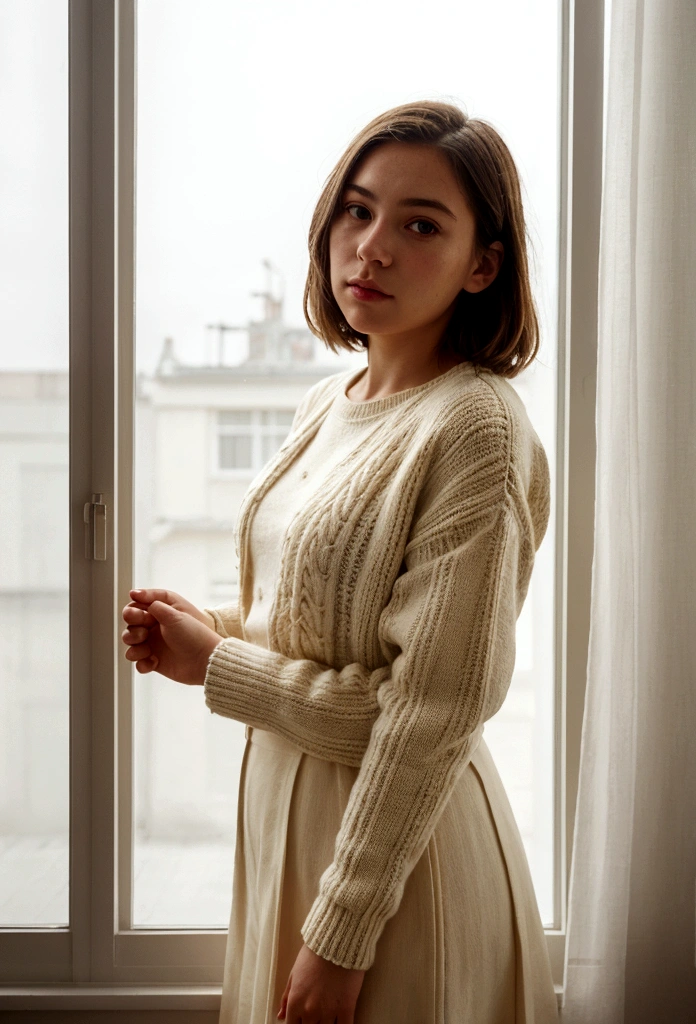 A beautiful girl standing in front of the window, Pastel style, Atmospheric lighting, Strong facial expressions, Goose Punk, Vray tracking, Portrait of Kodak, White and beige, Knitting and Crochet -ar 45: