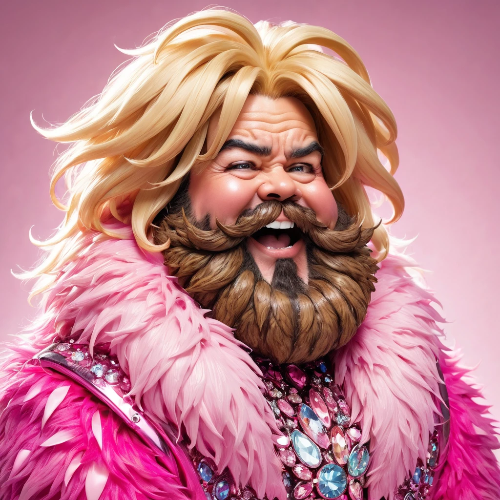 hugely bearded woman to cheeks and neck, voluminous bob lob blonde hair, shaggy hairy hands, wears bling bling pink fur coat
