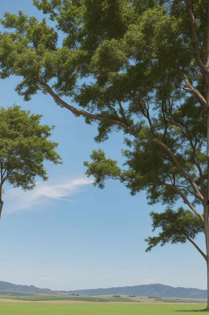 grassland, There are trees in the distance, There are no trees nearby, Light blue sky