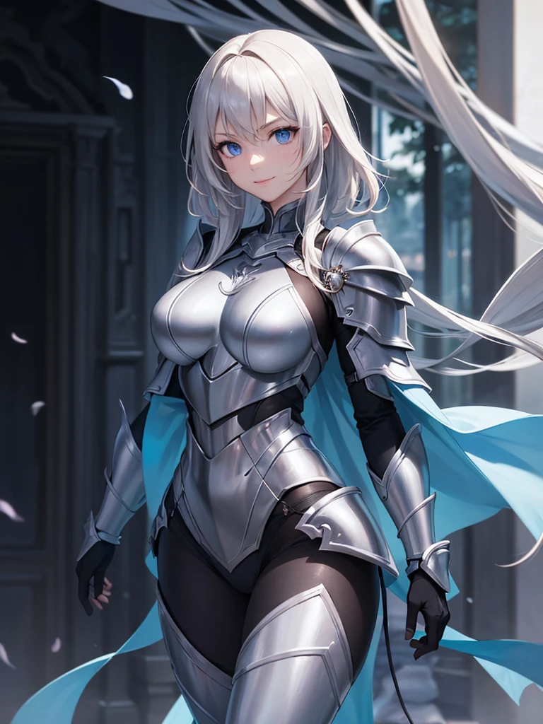 Super lovely illustration,((masterpiece, Best quality)),extremely detailed eyes and face,The artist has provided more details about female anime characters wearing armor.., 1 Girl, dynamic pose, Delicate and shiny tan_Skin,Black Armor, One,evil smile, Long shiny hair, shoulder armor, Blue eyes, big breasts,Evil Warrior,Black cuirass,black bodysuit, crotch, dark, Depth of field,On open air,Professional lighting,Cinematic Shadow,Black Knight ,darkened room,