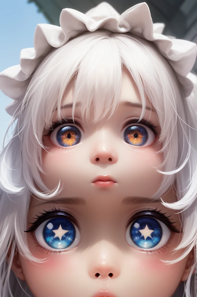 a 's face, closeup, slightly tanned lush skin, white cute hair, big bright blue heavenly shiny eyes with white star-shaped pupil, adorable cute plain look.