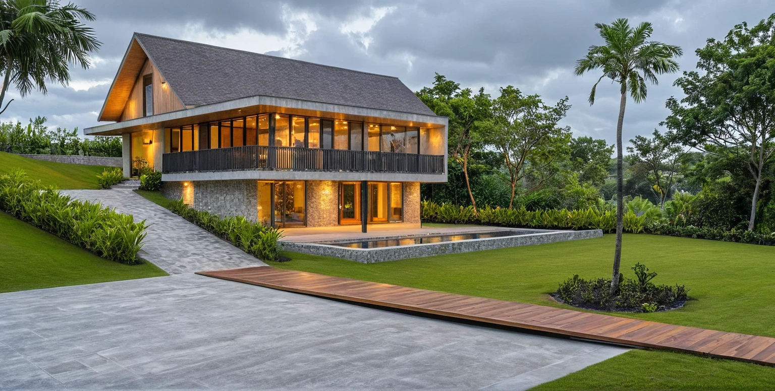 Masterpiece, high quality, best quality, authentic, super detail, outdoors, onestoreyvillaXL, aiaigroup, Nestled amidst rolling hills, this tropical-inspired hillside garden retreat offers a tranquil escape from the hustle and bustle of everyday life. The architecture seamlessly blends with the natural contours of the land, with gently sloping roofs that mimic the undulating terrain.
As you wander through the garden, you're greeted by lush foliage and vibrant bursts of color from tropical flowers. Palms sway gently in the breeze, while cascading vines and exotic plants create a verdant canopy overhead.
Stone pathways meander through the landscape, leading you to secluded alcoves and hidden nooks where you can pause to take in the breathtaking views of the surrounding hills. Water features, such as meandering streams and serene ponds, add a soothing element to the atmosphere, inviting you to relax and unwind.
The design of the hillside garden embraces the principles of sustainability, with native plants carefully chosen to thrive in the tropical climate. As you explore this oasis of natural beauty, you can't help but feel a sense of harmony and connection with the land, making it a truly magical escape,stairs, white wall ,road,pavement, grass, trees, sky, cloud, (daylight:1.1)