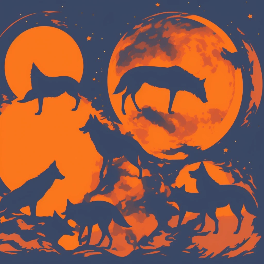 Round logo of three wolves, one of them howls on the moon which is orange colour, vector colours