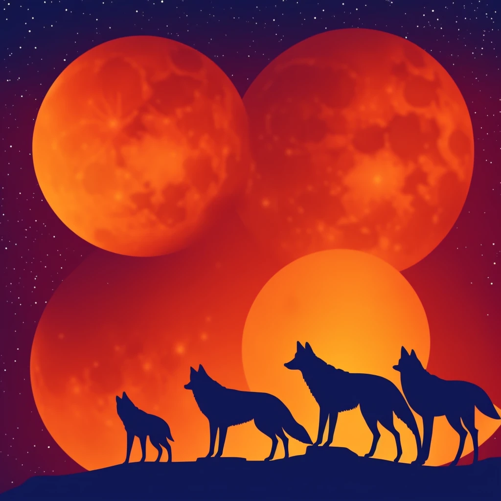 Round logo of three wolves, one of them howls on the moon which is orange colour, vector colours