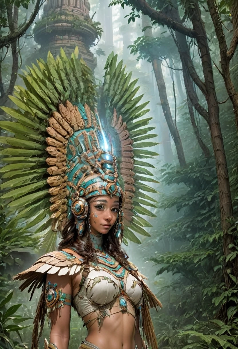A youthful Latina woman, standing in the forest, with Mayan temples behind her. She is dressed in ancestral fashion with a futuristic modern style. Her headdress is like an ancient Aztec sculpture but with advanced tech, headphones headdress, aztec-mayan headdress, and LED lights. The year is 2222. She is set in a retro-futuristic world, surrounded by mystical sparkles that resemble blue-white blinking fireflies. The fusion of mystery and ancestry with advanced technology creates a unique atmosphere. Myan temples on in the distance. She is wearing a backpack and is shown from the waist up, heading to out on a quest to learn about ancient wisdom and new technology."
