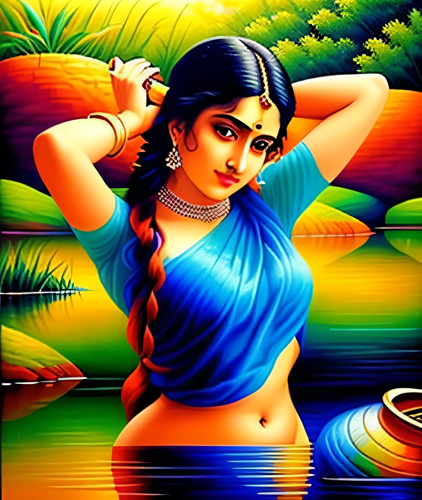 Masterpiece,8k uhd, hdr, realistic, hyper realistic, intricate, vibrant colour, painting of a woman in a sari sitting on a chair, traditional beauty, inspired by Raja Ravi Varma, indian art, by Raja Ravi Varma, painting of beautiful, inspired by T. K. Padmini, painting of a woman, by Sardar Sobha Singh, gorgeous woman, oil on canvas painting, traditional painting, oil-painting, realistic portrait