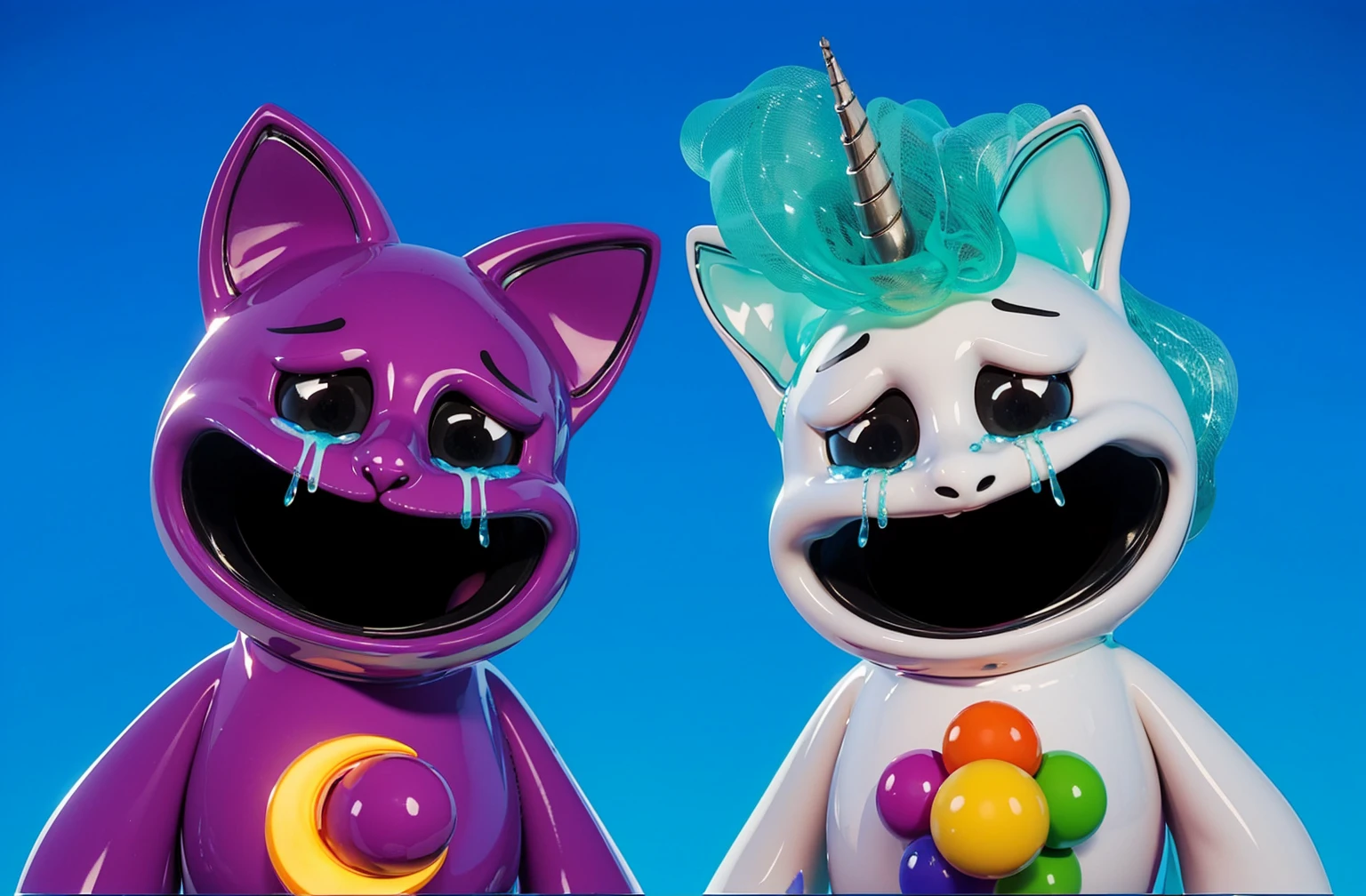 clouds, A 3D, glossy scene featuring two adorable latex-like purple cats with a shiny, plastic finish. The cats have large, expressive eyes and are positioned playfully on fluffy clouds in the night sky. The lighting is realistic, highlighting the glossy, reflective surfaces of the cats clouds and creating a vibrant, magical atmosphere. The overall clouds effect is smooth and polished, with the latex clouds and plastic textures enhancing the whimsical and lifelike appearance of the characters. cloudscartoon keyframe rendering, cute 3D rendering,,Create ultra sharp  цветной рендеринг zbrush. perfect cgi, cgi art created only with gradients, smooth silhouette, Create ultra sharp skin, high intensity refraction, (plastic material), most beautiful vfx, blue background, plastic refractions, glossy texture, smooth 3d model, multiple light sources, rim light, sharp post effects render, (glossy plastic texture with multiple big light probe refractions), perfect cgi, cgi art created only with gradients, smooth silhouette, high intensity refraction, (plastic material), most beautiful vfx, blue background