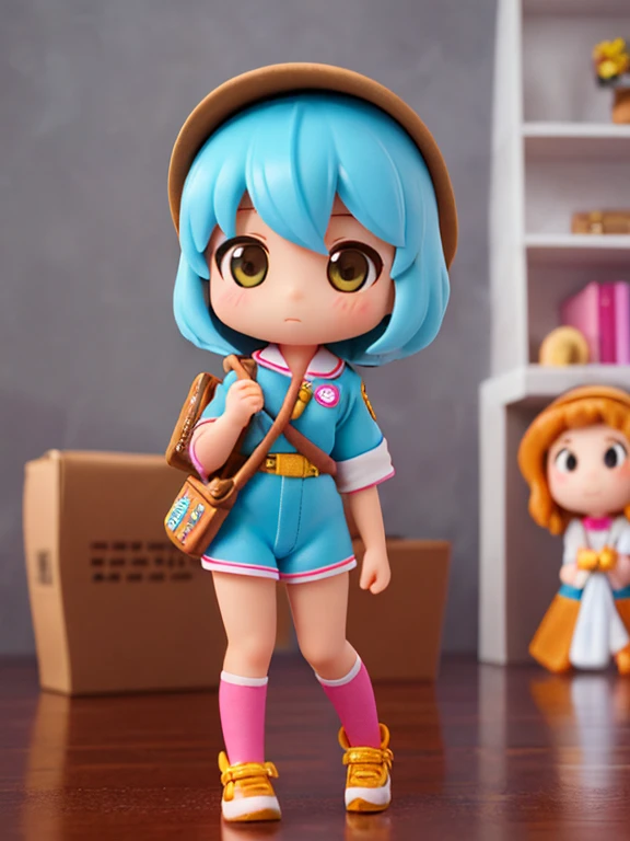 a close up of a small toy (with a box in the background:1.2), (Cute asian girl in Girl Scout outfit:1.2), ( highly detailed figure ), vinyl toy figurine, female explorer mini cute girl, loli, pvc figurine, riding a giant big dog with white hair color,