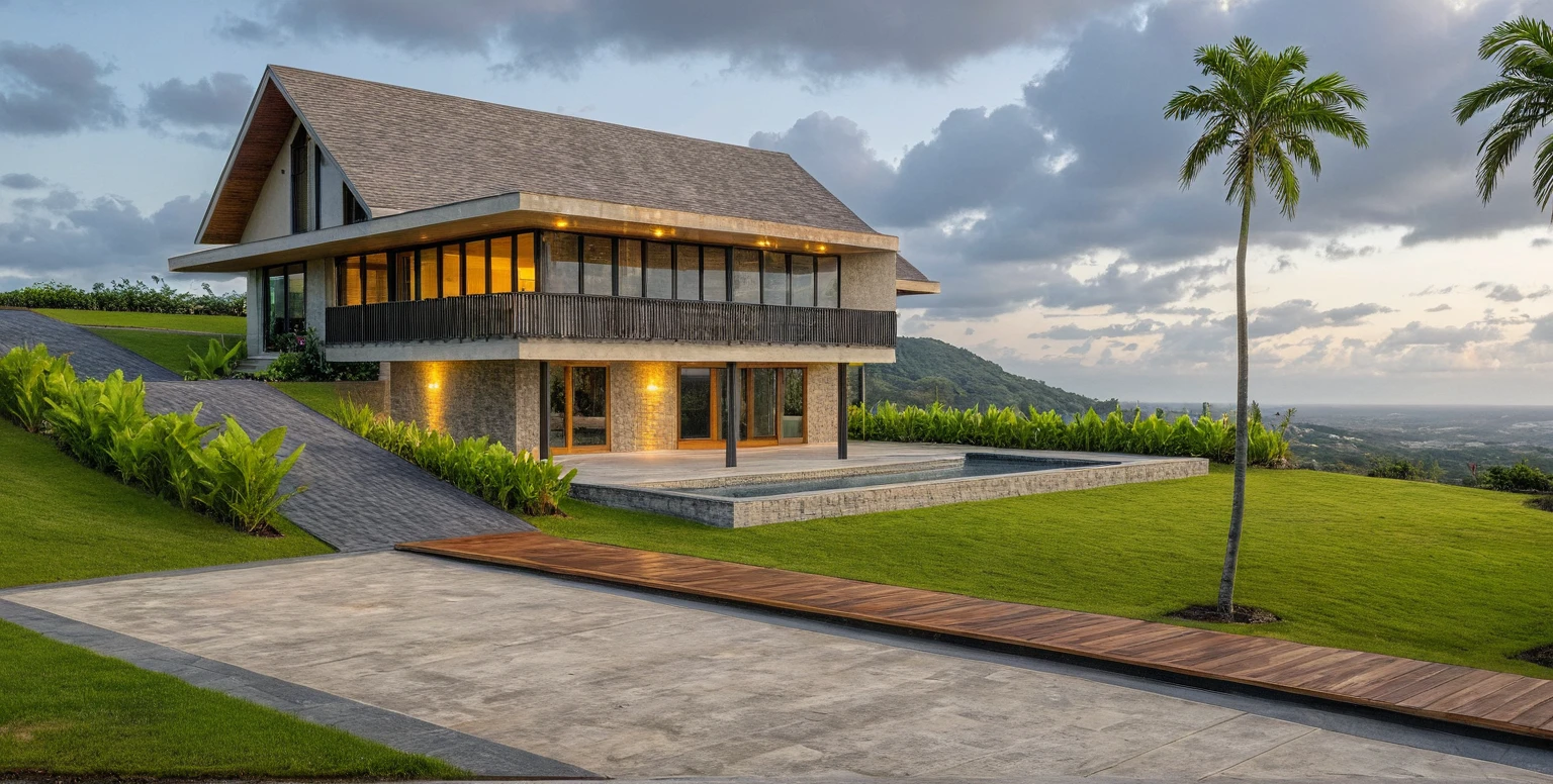 Masterpiece, high quality, best quality, authentic, super detail, outdoors, onestoreyvillaXL, aiaigroup, Nestled amidst rolling hills, this tropical-inspired hillside garden retreat offers a tranquil escape from the hustle and bustle of everyday life. The architecture seamlessly blends with the natural contours of the land, with gently sloping roofs that mimic the undulating terrain. As you wander through the garden, you're greeted by lush foliage and vibrant bursts of color from tropical flowers. Palms sway gently in the breeze, while cascading vines and exotic plants create a verdant canopy overhead. Stone pathways meander through the landscape, leading you to secluded alcoves and hidden nooks where you can pause to take in the breathtaking views of the surrounding hills. Water features, such as meandering streams and serene ponds, add a soothing element to the atmosphere, inviting you to relax and unwind. The design of the hillside garden embraces the principles of sustainability, with native plants carefully chosen to thrive in the tropical climate. As you explore this oasis of natural beauty, you can't help but feel a sense of harmony and connection with the land, making it a truly magical escape,stairs, white wall ,road,pavement, grass, trees, sky, cloud, (daylight:1.1)