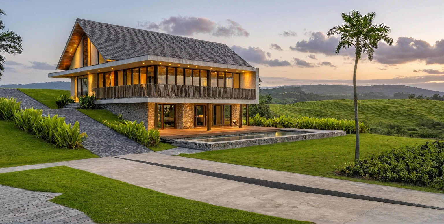Masterpiece, high quality, best quality, authentic, super detail, outdoors, onestoreyvillaXL, aiaigroup, Nestled amidst rolling hills, this tropical-inspired hillside garden retreat offers a tranquil escape from the hustle and bustle of everyday life. The architecture seamlessly blends with the natural contours of the land, with gently sloping roofs that mimic the undulating terrain. As you wander through the garden, you're greeted by lush foliage and vibrant bursts of color from tropical flowers. Palms sway gently in the breeze, while cascading vines and exotic plants create a verdant canopy overhead. Stone pathways meander through the landscape, leading you to secluded alcoves and hidden nooks where you can pause to take in the breathtaking views of the surrounding hills. Water features, such as meandering streams and serene ponds, add a soothing element to the atmosphere, inviting you to relax and unwind. The design of the hillside garden embraces the principles of sustainability, with native plants carefully chosen to thrive in the tropical climate. As you explore this oasis of natural beauty, you can't help but feel a sense of harmony and connection with the land, making it a truly magical escape,stairs, white wall ,road,pavement, grass, trees, sky, cloud, (daylight:1.1)