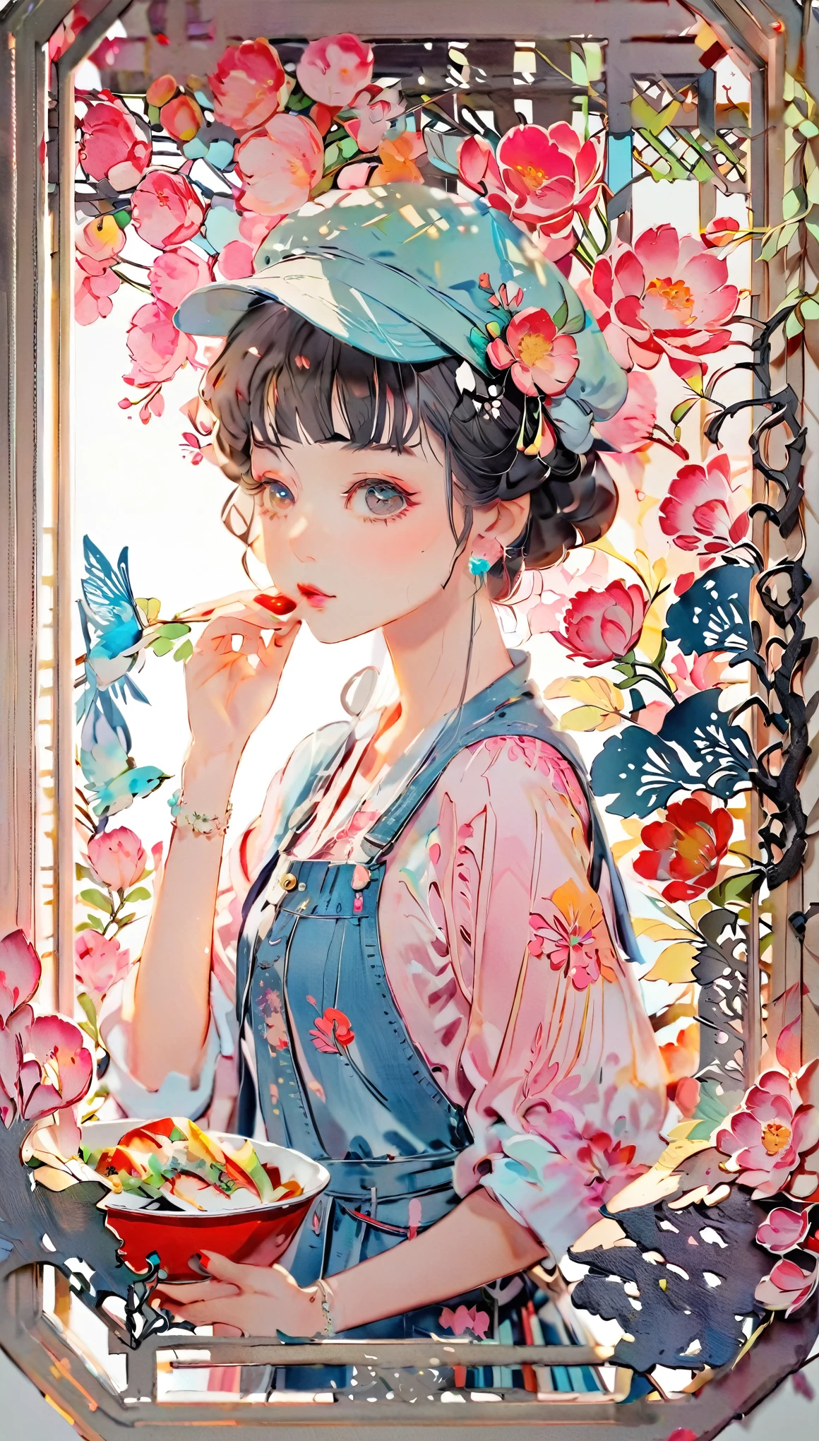 (((paper cutting style))), (frame of illustration is 3D paper cutting: 1.2), (colorful), 1 girl, black short hair, cap, denim, shirts, lunch