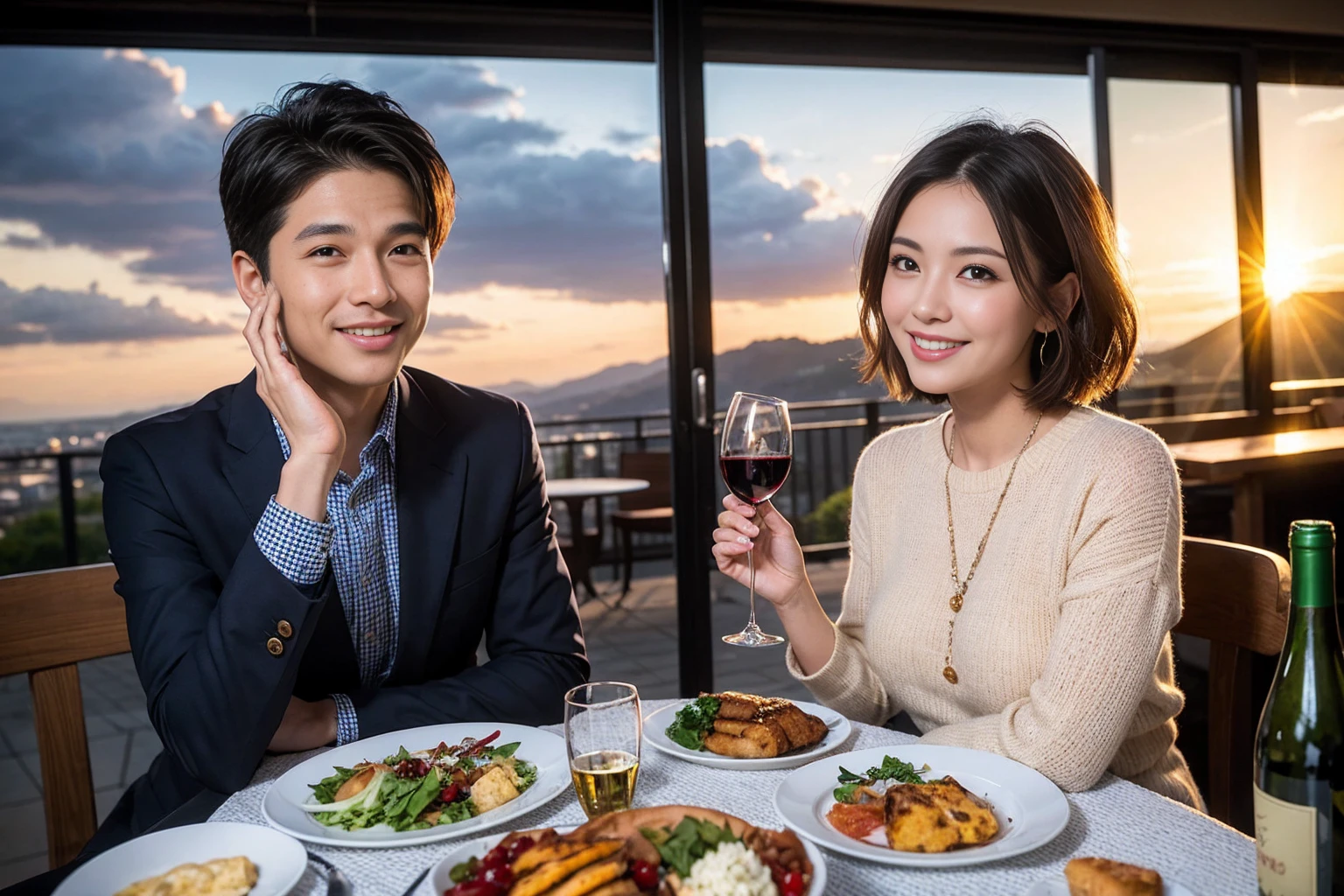 ((highest quality、8k、masterpiece:1.3))、 (Genuineistic, Genuine、Bright image、Intricate details:1.2), 最高のsmile 男性1人 女性1人、Beautiful couple、spouse、Engaged Couple、family、actress、model、smile、full-course dinner、 (Slim face), (the body is slim), (Brown Hair), (short hair), テーブルの上のwine glass、Please shine a light on my face、 Amazing view of the sunset sky and clouds、 (Age 37), 41 years old, red wine 、Appetizers、Wine bottle、sparkling wine、Long sleeve shirt、dress、White wine, red wine, wine glass, 