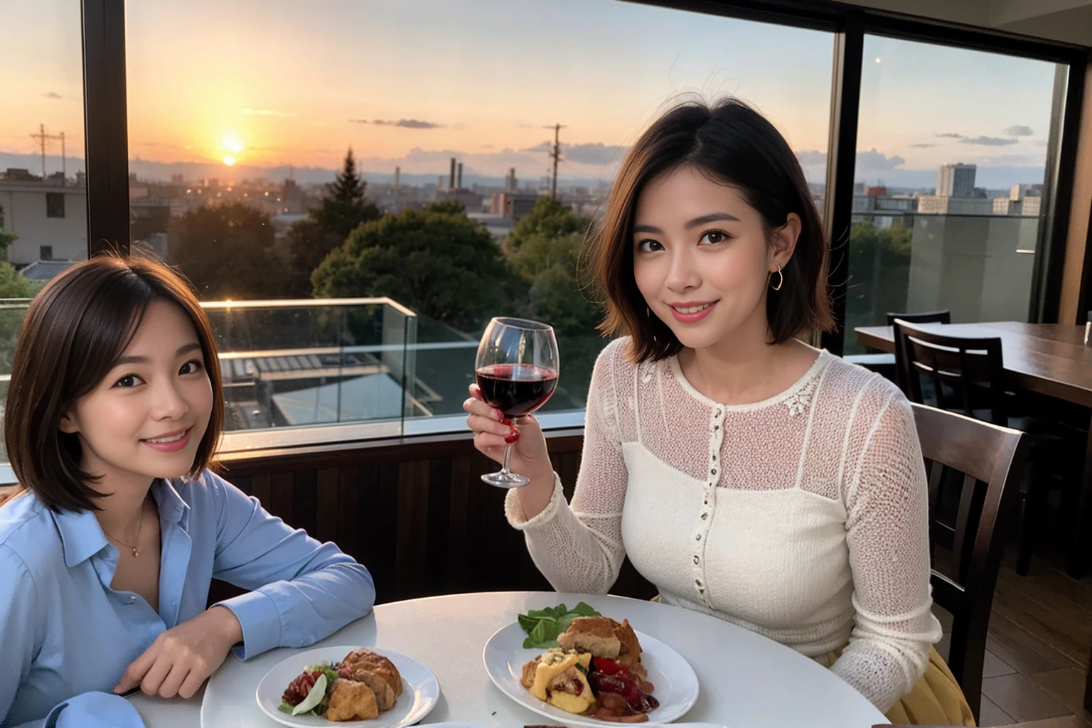 ((highest quality、8k、masterpiece:1.3))、 (Genuineistic, Genuine、Bright image、Intricate details:1.2), 最高のsmile 男性1人 女性1人、Beautiful couple、spouse、Engaged Couple、family、actress、model、smile、full-course dinner、 (Slim face), (the body is slim), (Brown Hair), (short hair), テーブルの上のwine glass、Please shine a light on my face、 Amazing view of the sunset sky and clouds、 (Age 37), 41 years old, red wine 、Appetizers、Wine bottle、sparkling wine、Long sleeve shirt、dress、White wine, red wine, wine glass,