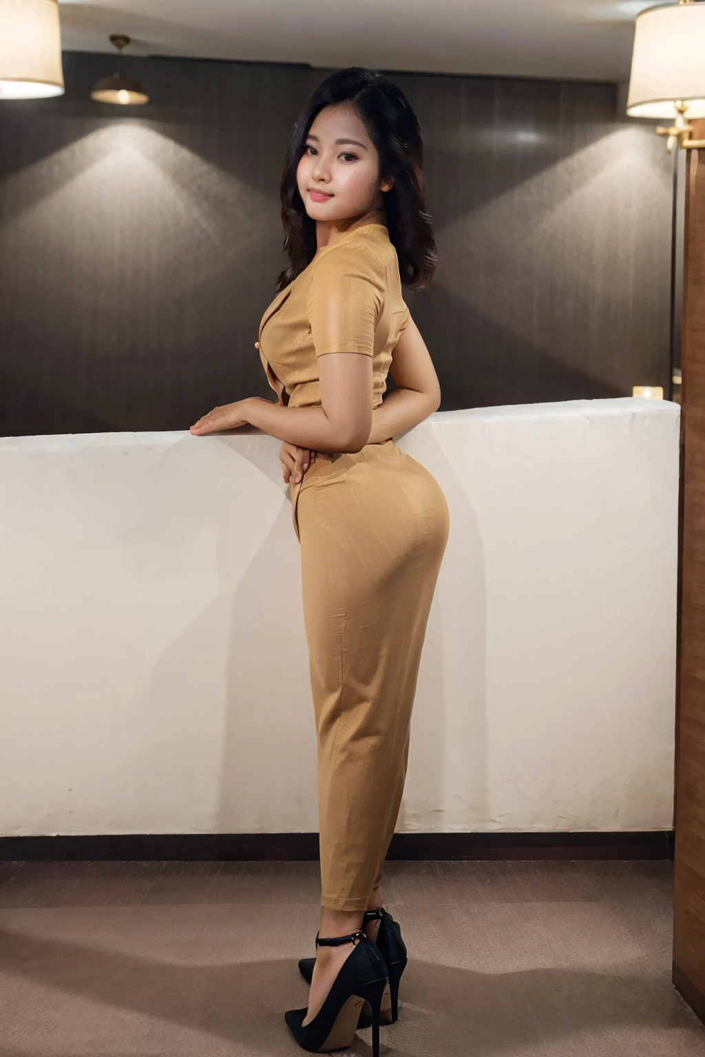 pretty aisan lady, pretty lady MoonLay, one girl, beautiful lady, beautiful face, cute smiling, standing, seductively posing for photography, (leans on the wall:1.2), (hands up on the wall:1), ((lift up waist:1)), ((pouting ass)), ((clinging panty line:1.2)), ((full body view:1.5)), ((tilt rear view:1.4)), ((at luxury resort hotel ballroom:1.4)), (short legs), (slim waist and voluptuous body), wearing Myanmar traditional attire, wearing acmm long skirt, tight skirt, muted dull orange color dress, muted dull orange color skirt, with stiletto high heel, fine shadow, realistic added shadow, dramatic lighting, professional color graded, nikon d850 film stock photograph, cinematic lighting, cinematic shot, 4k resolution,