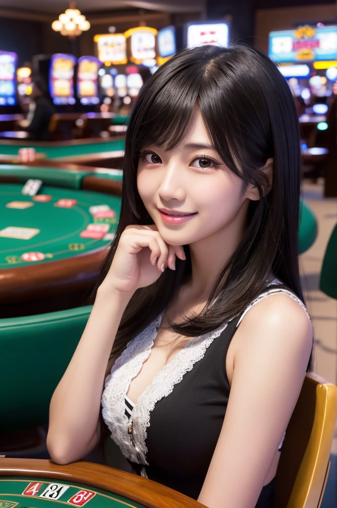 最high quality,Very detailed,finely,High resolution,8k wallpaper,Perfect dynamic composition,Young Japanese Woman,Age 25, Black Hair, thin, 4K, 8k, high quality, beauty, smile, Beautiful Eyes, Characterized by simplicity, High resolution,1 person,Japanese Idols,pachinko,gambling,poker