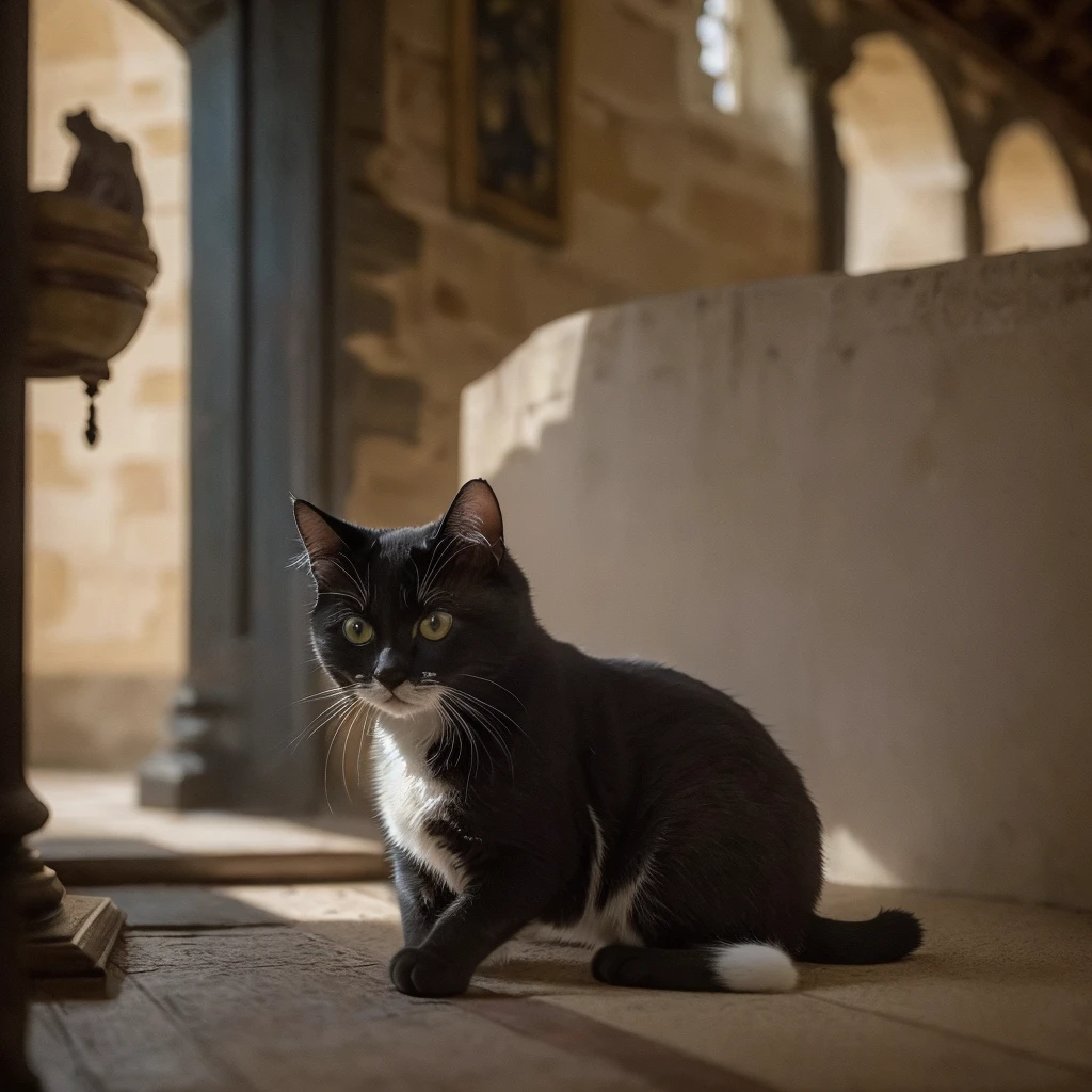 (AI-generated images at their full potential)(Ultra high definition)Slow motion、8K video(Cat living in a castle)(15th century France)(Rembrandt's Light)(Medieval Europe)、(Lots of white space)(Optics 1:Minimum 3)、PhotoReactive、dark、Deep Shadow、moderate、
