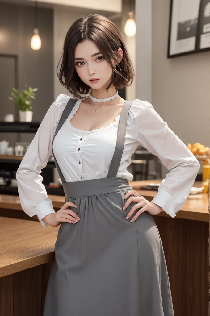 8K Ultra HD、RAWphotograph、モデルphotograph撮影、 (masterpiece, highest quality, photoGenuineistic, High resolution, photograph: 1.3), close, focus on, Hot Model, slim, 30 year old mature woman、Small face、Shortcuts、Dark brown hair、Beautiful eyes in every detail、Genuineな肌, (Perfect body), Sexy hot face, casual, sexual sight, slim,Long sleeve, Beautiful eyes in every detail、Glossy lips、Small breasts、、Bust B cup、((Bright light、Dynamic Lighting、Genuine、超Genuine、 Genuineism、Genuineistic details、Cool Beauty、Cool pose、Waitress clothes,Long skirt,apron,Inside a stylish cafe,Mr.々Posing
