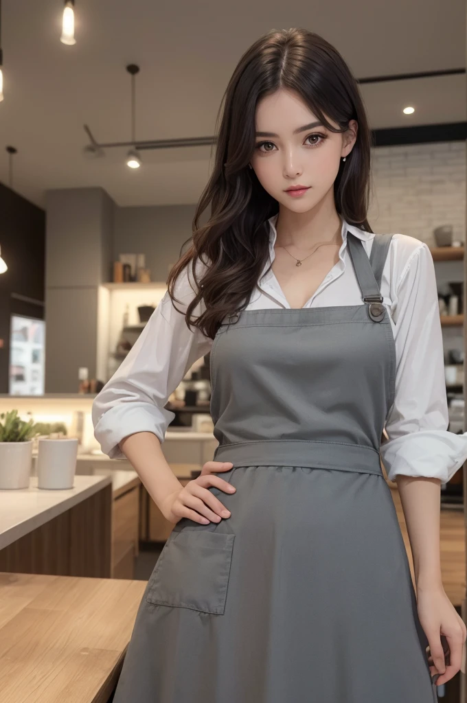8K Ultra HD、RAWphotograph、モデルphotograph撮影、 (masterpiece, highest quality, photoGenuineistic, High resolution, photograph: 1.3), close, focus on, Hot Model, slim, 30 year old mature woman、Small face、Shortcuts、Dark brown hair、Beautiful eyes in every detail、Genuineな肌, (Perfect body), Sexy hot face, casual, sexual sight, slim,Long sleeve, Beautiful eyes in every detail、Glossy lips、Small breasts、、Bust B cup、((Bright light、Dynamic Lighting、Genuine、超Genuine、 Genuineism、Genuineistic details、Cool Beauty、Cool pose、Waitress clothes,Long skirt,apron,Inside a stylish cafe,Mr.々Posing