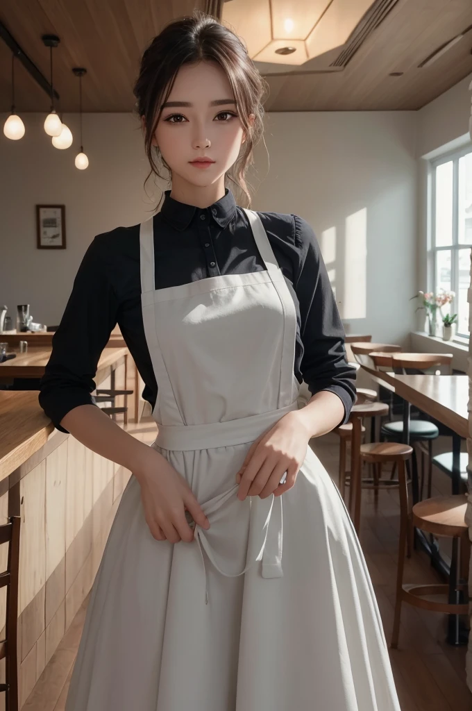 8K Ultra HD、RAWphotograph、モデルphotograph撮影、 (masterpiece, highest quality, photoGenuineistic, High resolution, photograph: 1.3), close, focus on, Hot Model, slim, 30 year old mature woman、Small face、Shortcuts、Dark brown hair、Beautiful eyes in every detail、Genuineな肌, (Perfect body), Sexy hot face, casual, sexual sight, slim,Long sleeve, Beautiful eyes in every detail、Glossy lips、Small breasts、、Bust B cup、((Bright light、Dynamic Lighting、Genuine、超Genuine、 Genuineism、Genuineistic details、Cool Beauty、Cool pose、Waitress clothes,Long skirt,apron,Inside a stylish cafe,Mr.々Posing