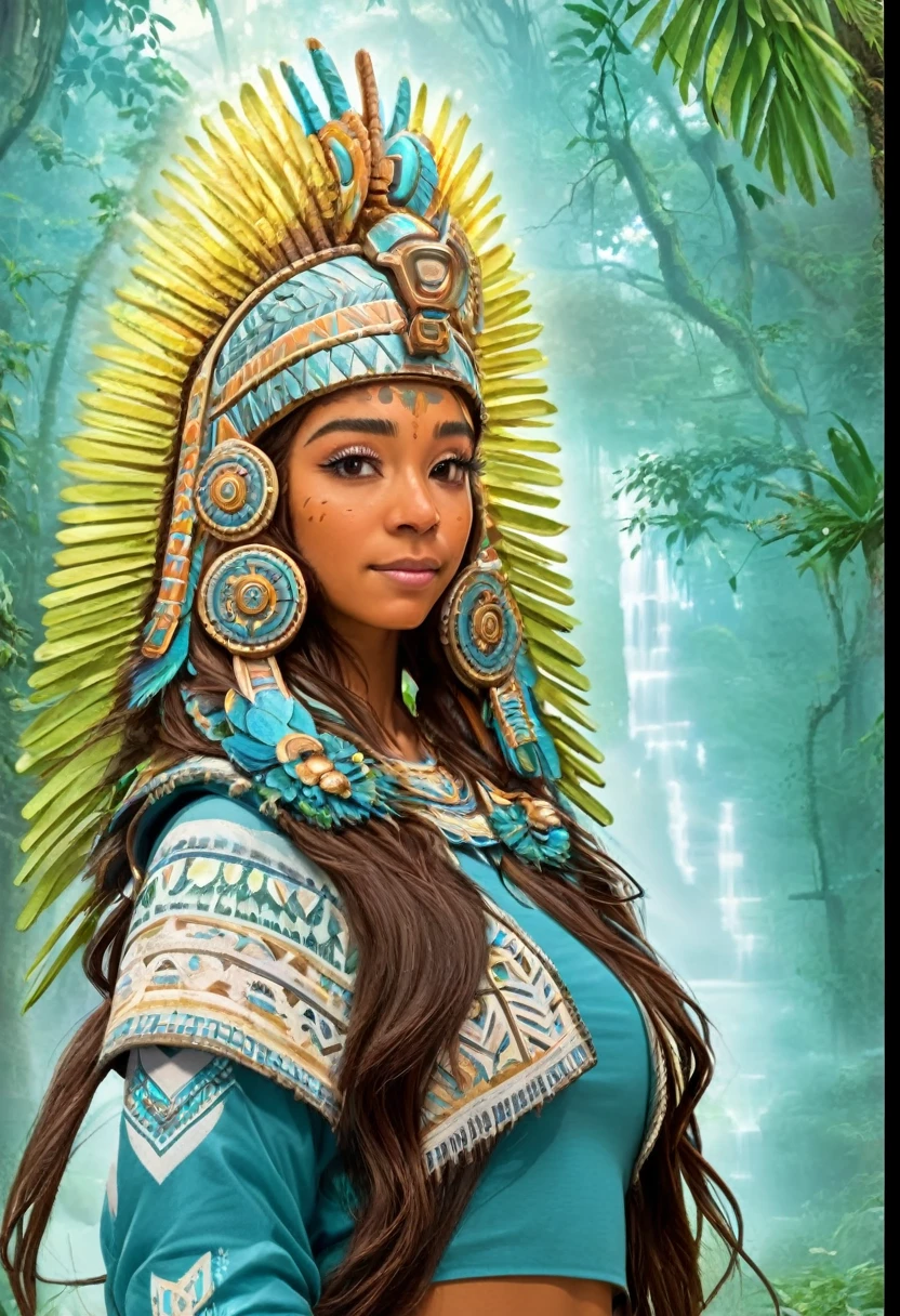 A youthful Latina woman, standing in the forest, with Mayan temples behind her. She is dressed in ancestral fashion with a futuristic modern style. Her headdress is like an ancient Aztec sculpture but with advanced tech, headphones headdress, aztec-mayan headdress, and LED lights. The year is 2222. She is set in a retro-futuristic world, surrounded by mystical sparkles that resemble blue-white blinking fireflies. The fusion of mystery and ancestry with advanced technology creates a unique atmosphere. Myan temples on in the distance. She is wearing a backpack and is shown from the waist up, heading to out on a quest to learn about ancient wisdom and new technology."
